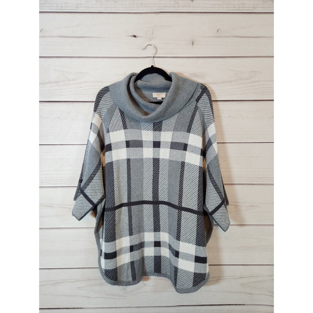 Loft‎ Womens Black Gray Plaid 3/4 Sleeve Cowl Neck Sweaters Size Medium Petite